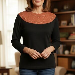 Vintage L'eau Vive Black Knit & Rust Brown Faux Suede Studded Bib Sweater M